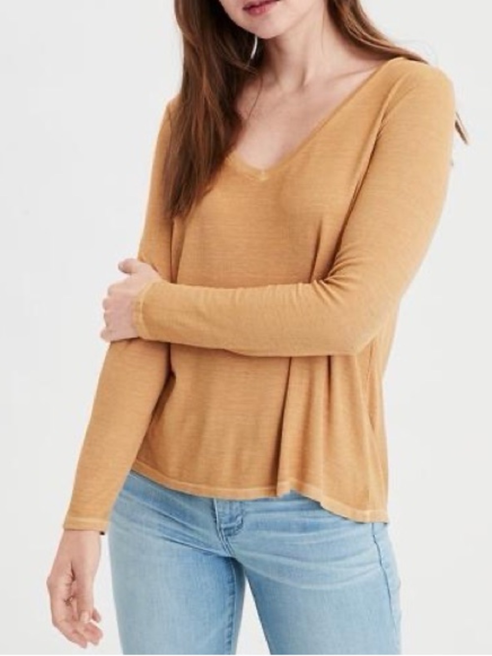 LIKE NEW SIZE XL American Eagle Outfitters Mustard Yellow V-Neck Long Sleeve Top